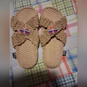 Womens Size 8 Woven Sandals with Colorful Accents/Heart And Peace Sign NWOT